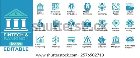 Fintech and Banking vector icons sleek, editable designs for digital payments, finance apps, banking solutions, and investments