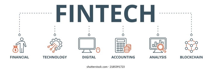 Fintech Banner Web Icon Vector Illustration Concept With Icon Of Financial, Technology, Digital, Accounting, Analysis And Blockchain