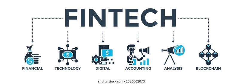 Fintech banner web icon vector illustration concept with icon of financial, technology, digital, accounting, analysis and blockchain
