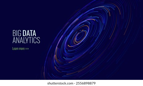 Fintech Big Data Visualization. Abstract Digital Circles of Particles. Futuristic Circular Sound Wave. 3D Virtual Space VR Cyberspace. Crypto Currency Blockchain Concept. Vector Illustration.