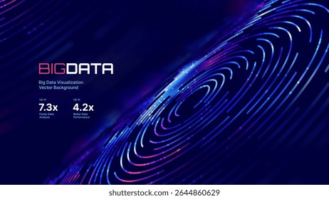 Fintech Big Data Visualization. Abstract Digital Circles of Particles. Futuristic Circular Sound Wave. 3D Virtual Space VR Cyberspace. Crypto Currency Blockchain Concept. Vector Illustration.
