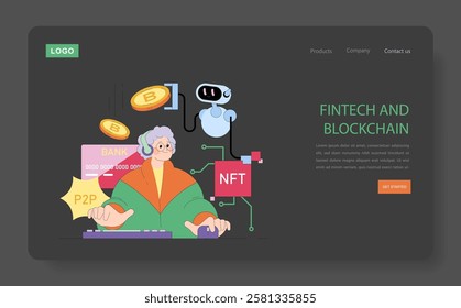 Fintech and blockchain concept. Elderly user exploring cryptocurrency, digital banking, NFTs, and peer-to-peer payments through modern technology and AI-powered platforms. Vector illustration.