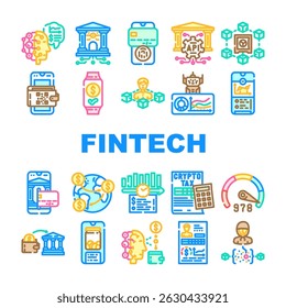 fintech blockchain cryptocurrency icons set vector. payments insurtech, regtech wealthtech, lending, neobank, machine learning, bigdata fintech blockchain cryptocurrency color line illustrations