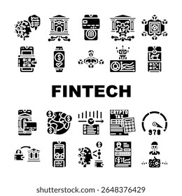fintech blockchain criptomoeda ícones definir vetor. pagamentos insurtech, regtech wealthtech, empréstimo, neobank, aprendizagem de máquina, bigdata fintech blockchain criptomoeda glifo pictograma Ilustrações