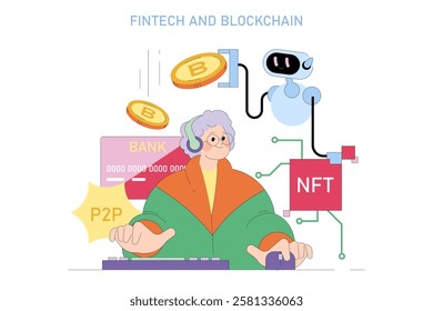 Fintech and blockchain integration. Senior woman exploring digital finance with cryptocurrency, blockchain, P2P transactions, NFTs, and AI technology. Vector illustration.