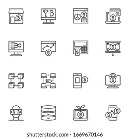 Fintech blockchain line icons set. linear style symbols collection, Cryptocurrency and Fintech outline signs pack. vector graphics. Set includes icons as bitcoin store, mobile banking, online payment