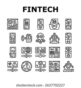 fintech blockchain payments icons set vector. cryptocurrency insurtech, regtech wealthtech, lending neobank, bigdata, investments fintech blockchain payments black contour illustrations