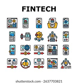 fintech blockchain payments icons set vector. cryptocurrency insurtech, regtech wealthtech, lending neobank, bigdata, investments fintech blockchain payments color line illustrations