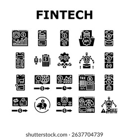 fintech blockchain payments icons set vector. cryptocurrency insurtech, regtech wealthtech, lending neobank, bigdata, investments fintech blockchain payments glyph pictogram Illustrations