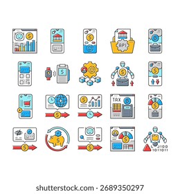 fintech blockchain pagamentos ícones definir vetor. criptomoeda insurtech, regtech wealthtech, empréstimo neobank, bigdata, investimentos fintech blockchain pagamentos cor linha ilustrações