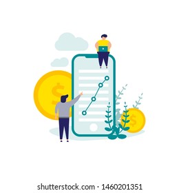 Fintech business vector illustration. Two men are on a big cellphone. Infographic, web, landing page, print