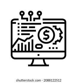 fintech chart researching on computer display line icon vector. fintech chart researching on computer display sign. isolated contour symbol black illustration