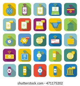 Fintech color icons with long shadow, stock vector