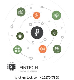 fintech colored circle concept with simple icons. Contains such elements as finance, technology, blockchain