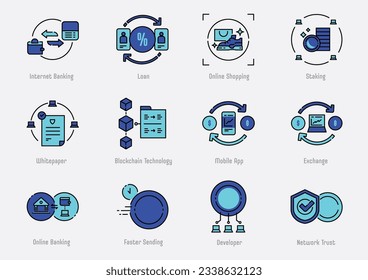 fintech colorline icon set with blockchain technology such as peer to peer lending, mobile application, exchange, online banking, online shopping and transaction approve.