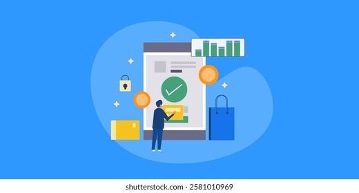 Fintech company, Financial analysis, Fintech app for financial transaction, Financial data monitoring - vector illustration background with icons