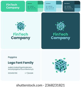 Fintech company logo with brand name. Rubik cube icon. Creative design element and visual identity. Template with poppins font. Suitable for financial technology, banking and finance.