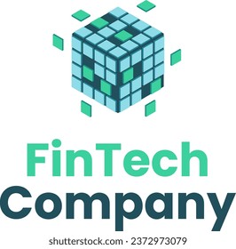 Fintech company logo with brand name. Rubik cube icon. Creative design element. Visual identity. Suitable for financial technology, banking and finance.