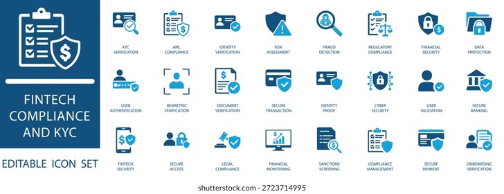 Cumplimiento Fintech y KYC Icon Set. Iconos de verificación de identidad, AML, seguridad financiera y protección de datos para el diseño de interfaz de usuario de seguridad bancaria y cibernética.