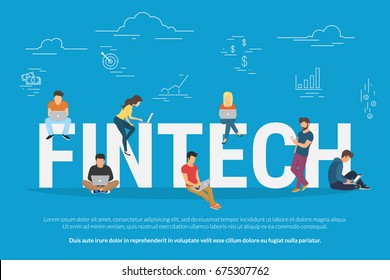 Fintech Concept Vector Illustration Of Young People Using Laptop And Smartphone For Online Funding And Making Investments For Cryptocurrency Blockchain Technology. Flat Design Of New Crypto Currency