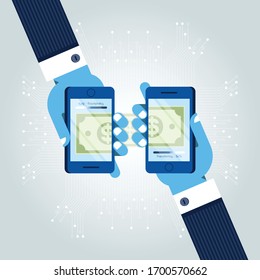 Fintech concept_Financial Technology. In the background of circuit board, businessmen are doing financial transactions on smartphones. Mobile payment, Bitcoin, Block chain, P2P, Crowd funding.