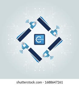 Fintech concept_Financial Technology. Businessman hand and currency icons are spinning around the processor with circuit board background. Mobile payment, Bitcoin, Block chain, P2P, Crowd funding.    
