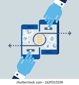 Fintech Concept_Financial Technology. Businessmen Are Doing Financial Transactions On Smartphones. Mobile Payment, Bitcoin, Block Chain, P2P(peer To Peer), Cryptocurrency, Crowd Funding. Eps 10.  