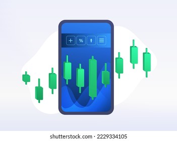 Aplicación de portafolio de Fintech o cripto. Banca digital, criptodivisa y cadena de bloqueo, inversiones, concepto de tecnología de finanzas personales con teléfono móvil y gráfico de crecimiento con candelabros japoneses