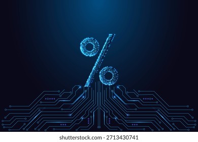 Fintech, Datenanalyse und digitale Wirtschaft. Leuchtendes Prozentzeichen, das von der Neonleiterplatte austritt. Futuristisch blau Drahtmodell Stil. Finanzen, Metriken und geschäftliche Erkenntnisse, moderne Vektorgrafik.