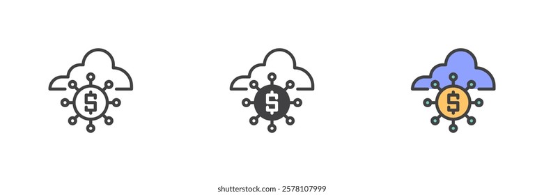 Fintech data different style icon set. Line, glyph and filled outline colorful version, outline and filled vector sign. Dollar cloud network symbol, logo illustration. Vector graphics