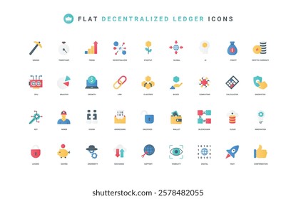 Fintech and decentralized finance, blockchain and cryptocurrency, ledger, network color icon set. Digital money in wallet, transaction analysis and trend growth flat elements vector illustration