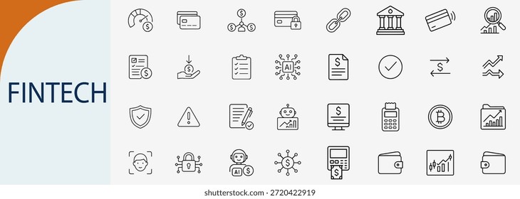Conjunto de iconos de banca digital y fintech Tecnología financiera Arte de línea mínimo