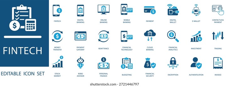 Fintech e digital banking icon set .com pagamento móvel, e-wallet, investimento, negociação e símbolos de segurança financeira. Limpe as ilustrações vetoriais editáveis.