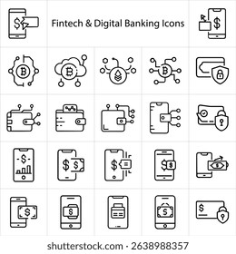 Fintech and digital banking icons set for modern financial technology and online banking solutions