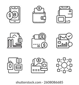 Fintech and Digital Banking Icons. Vector Illustration Set of Modern Finance and Cryptocurrency Icons.