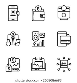 Fintech and Digital Banking Icons. Vector Illustration Set of Modern Finance and Cryptocurrency Icons.