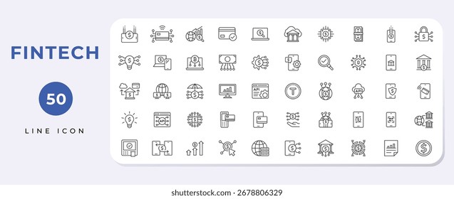Conjunto de iconos de fintech y finanzas digitales. Conjunto de iconos de contorno Fintech. Banca de línea fina, finanzas, pagos, dinero, Ilustración vectorial de criptomonedas