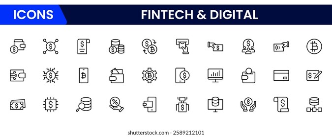 Fintech and Digital Icons vector illustrations with thin lines contain digital banking, mobile payments, cloud tech, robotics, digital wallet, SAAS, app, neo bank, crowdfunding, financial innovation.