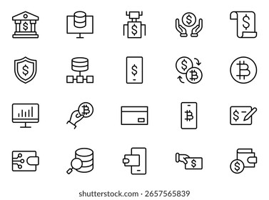 El conjunto de iconos de línea digital y fintech con líneas finas contiene banca digital, pagos móviles, tecnología en la nube, robótica, billetera digital, App, neo banco, crowdfunding, innovación financiera.