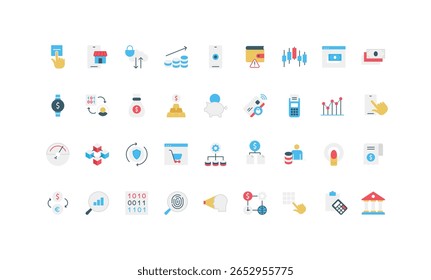 Fintech, digitalização de serviços bancários e pagamento, poupança, atualização de dados e tendências conjunto de ícones de cores. Criptomoeda e estrutura blockchain, loja eletrônica, recibo ilustração vetor plano
