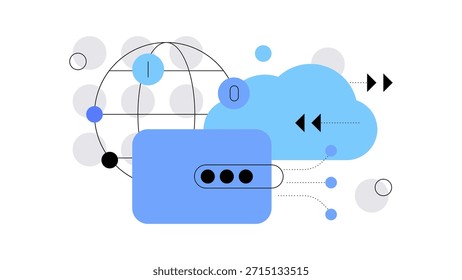 Fintech. E wallet y transacciones de moneda digital. Transferencias de dinero en línea. Tecnologías en la nube. Ilustración plana. Archivo de Vector.