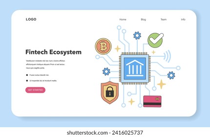 Fintech Ecosystem concept. Integration of banking, blockchain, and cybersecurity. Digital finance innovation with cryptocurrency. Flat vector illustration.