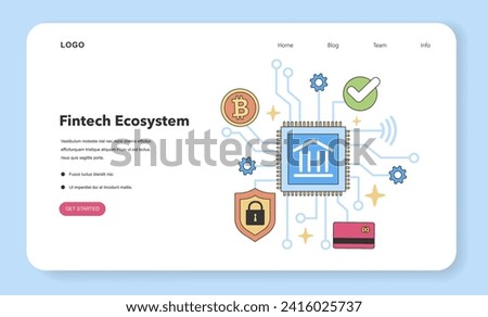 Fintech Ecosystem concept. Integration of banking, blockchain, and cybersecurity. Digital finance innovation with cryptocurrency. Flat vector illustration.