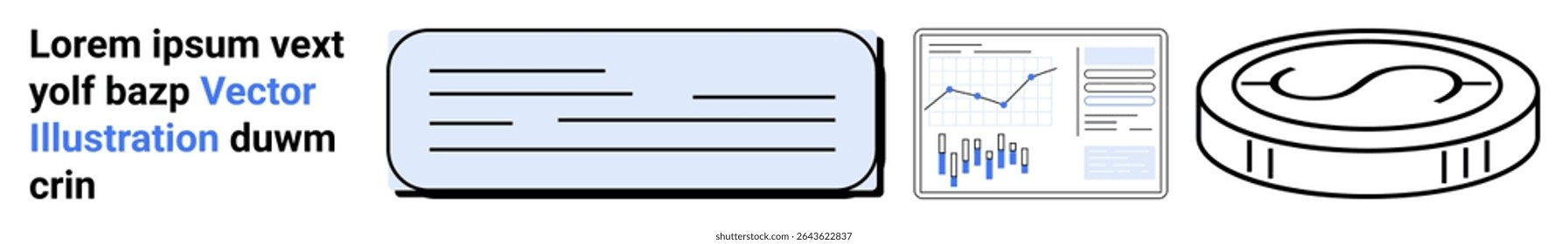 Fintech elements featuring text blocks, user interface cards, analytics chart, and coin icons. Ideal for finance, tech, UI, analytics, data visualization, mobile apps, and banking themes. Landing
