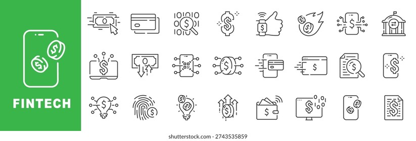  Fintech finance icon set featuring digital payment, banking, cryptocurrency, investment, security, analytics, outline line icons with editable stroke vector.
