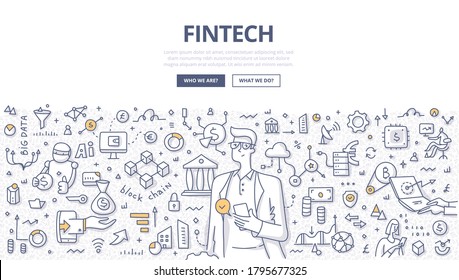 Fintech and finance management concept. A man makes payments with online mobile banking. Future of financial technologies. Doodle illustration of modern communication