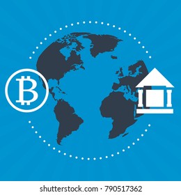 Fintech financial icon on world map with sun ray background. Vector illustration Blockchain and fintech investment financial technology concept.