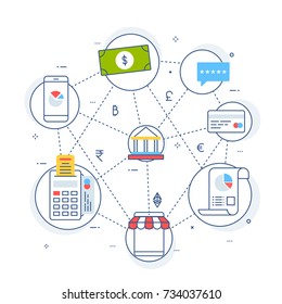 Fin-tech (financial technology) background. Lineart illustration.