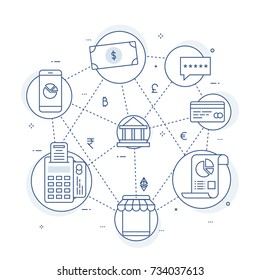 Fin-tech (financial technology) background. Lineart illustration.