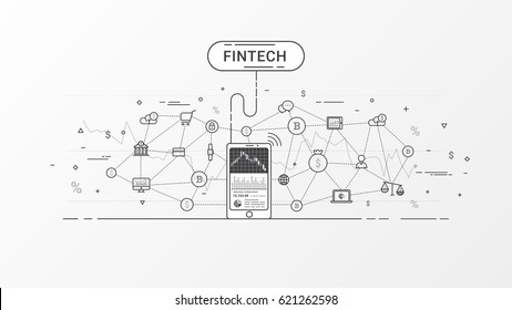 Fin-tech (Financial Technology) and block-chain technology. Flat line financial technology vector design concept. Vector illustration in gray color tones.